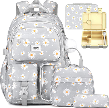 ACESAK Girls Backpack - Bento Box with Insulated Lunch Bag Pencil Case & Utensils Set for Kids, 6 Leakproof Compartments Removable Tray Lunches or Snack Container for School (Gray Daisy)