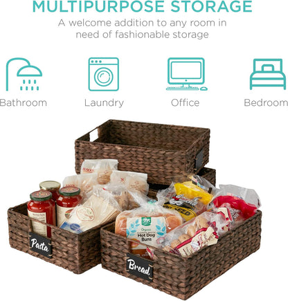 Best Choice Products Set of 4 9x12in Water Hyacinth Pantry Baskets, Woven Organizers w/Chalkboard Label, Chalk Marker - Natural