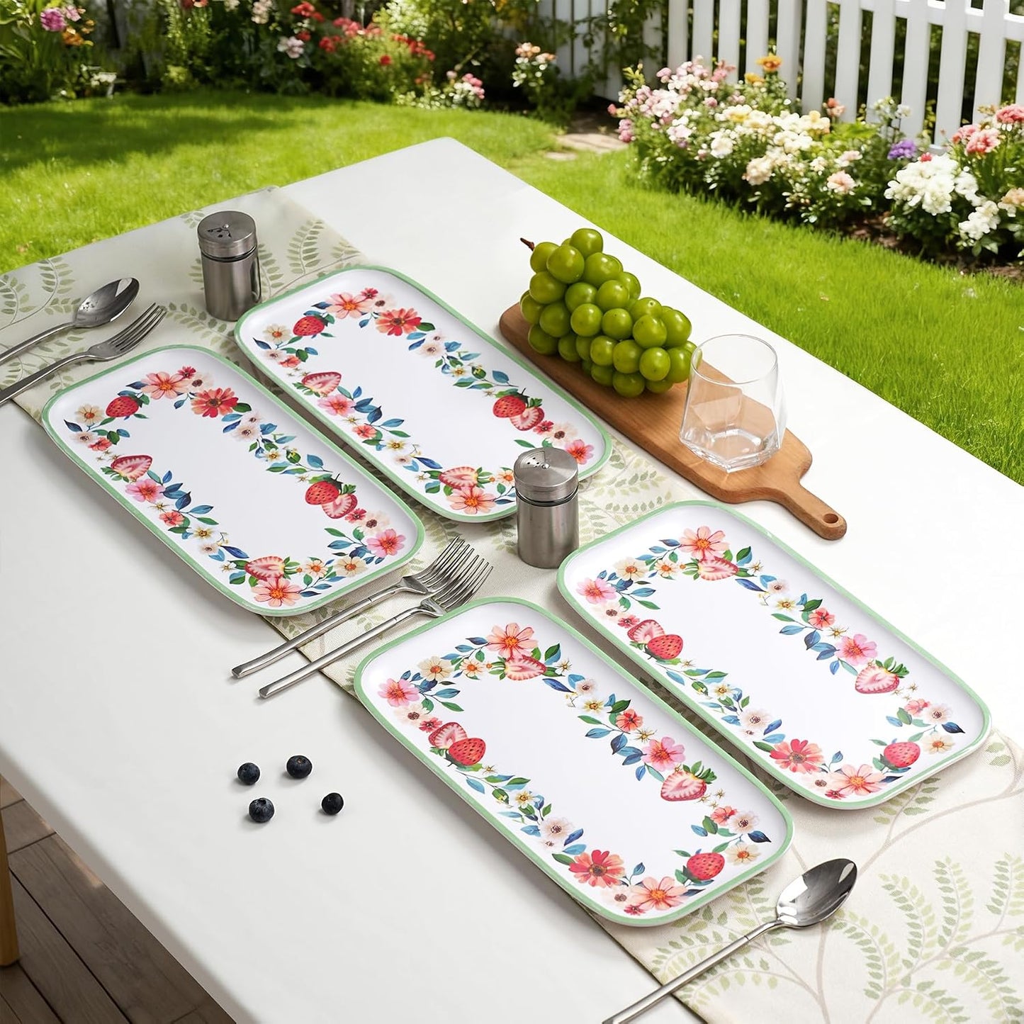 2 pcs Melamine Tray Set with Strawberry Design, 19 Inch and 14.5 Inch Large Serving Plates, Unbreakable Dinnerware for RV, Camping, Party, Easy Clean