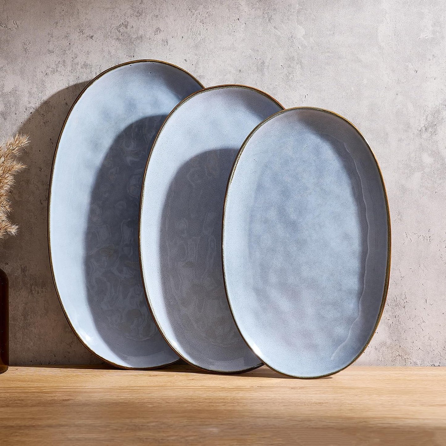 famiware Serving Platter, Oval 15.59/14.3/12.9inch Serving Dishes for Entertaining, Serving Bowls, Microwave Safe, Stoneware Serving Trays for Party, Food, Turkey, Cheese, Ocean Series, Vanilla White