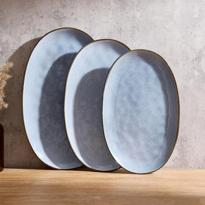 famiware Serving Platter, Oval 15.59/14.3/12.9inch Serving Dishes for Entertaining, Serving Bowls, Microwave Safe, Stoneware Serving Trays for Party, Food, Turkey, Cheese, Ocean Series, Vanilla White