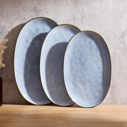 famiware Serving Platter, Oval 15.59/14.3/12.9inch Serving Dishes for Entertaining, Serving Bowls, Microwave Safe, Stoneware Serving Trays for Party, Food, Turkey, Cheese, Ocean Series, Vanilla White