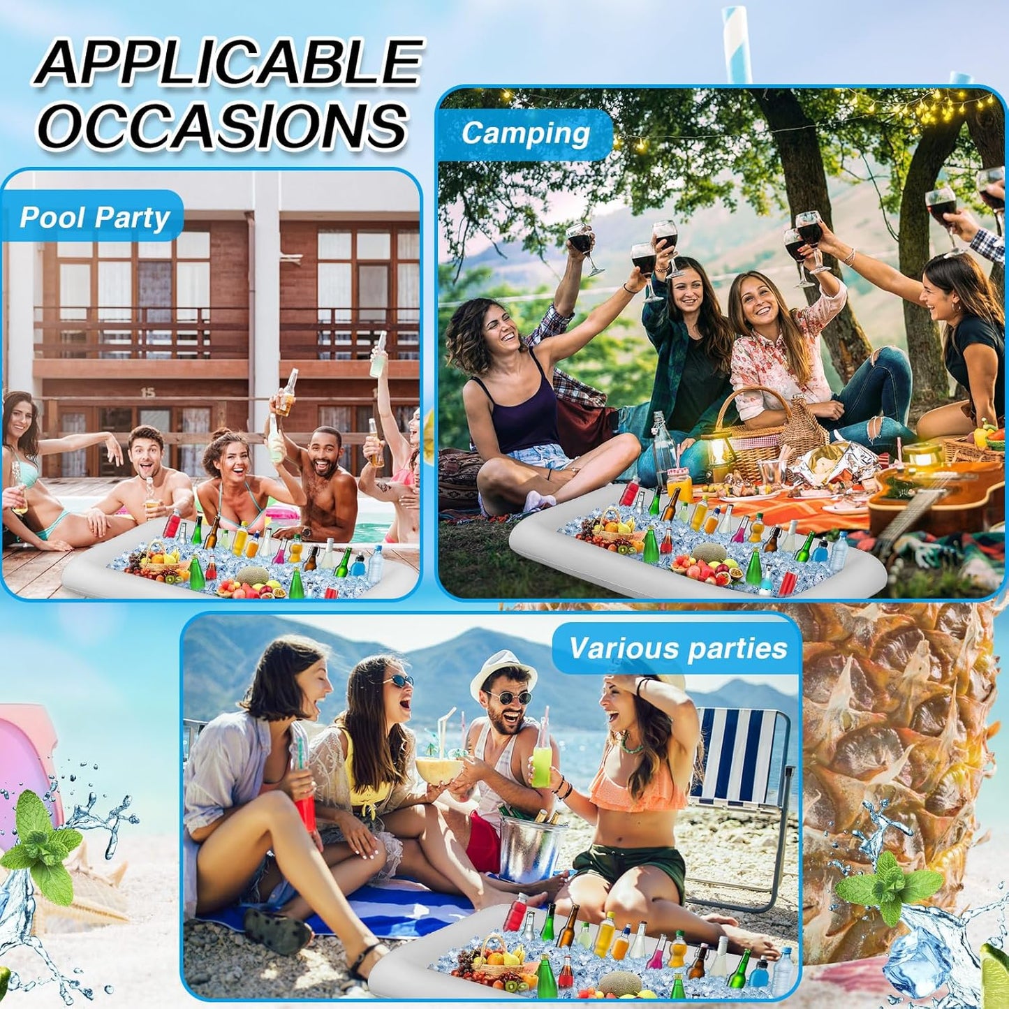 Leitee Inflatable Serving Bar with Drain Plug 52 x 24 x 5'' Inflatable Ice Serving Buffet Bar for Party Food Cooler Buffet Drink(Black,Basic Style)