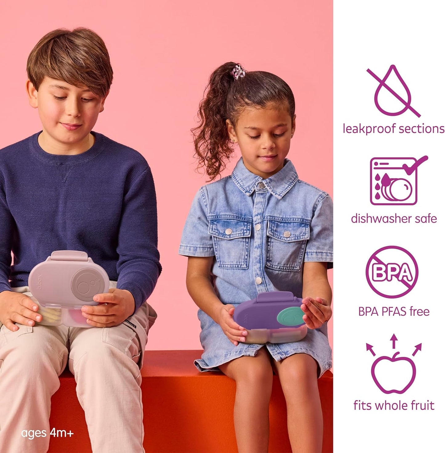 b.box Snack Box 2-Pack - Leak Proof Mini Bento Box for Kids & Toddlers, 2 Compartment Snack Containers for Kids, Dishwasher Safe, BPA-Free, PFAS-Free, Ages 4mo+, 1 3/4 Cup Each (Strawberry + Lilac)