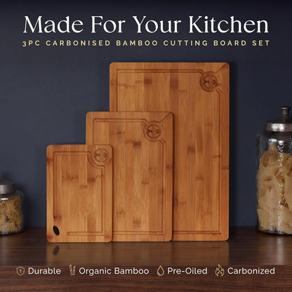 Pre-Oiled, Non Toxic 3-Piece Carbonized Bamboo Cutting Board Set, 500°F Carbonized Technology Eco-Friendly Wooden Chopping Boards for Kitchen with Juice Groove, Charcuterie Serving Boards Deer & Oak