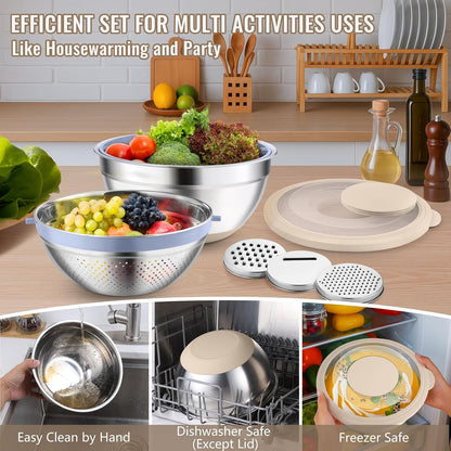 P&P CHEF 4-In-1 Stainless Steel Colander with Bowl Set, Rotatable Strainers for Kitchen, Fruit Cleaner, Washing Fruit & Draining Pasta, Mixing Bowl and Lid with Grater for Salad, Black