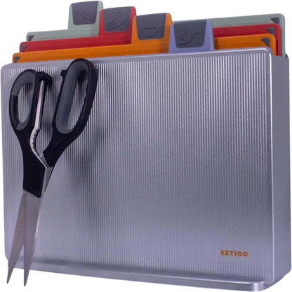 Cutting Board Set: 4-Piece Color-Coded, Non-Slip, BPA-Free, Perfect kitchen essentials for new home, Dishwasher Safe with Premium Scissors and Chopping Board Organizer, Quality kitchen stuff.