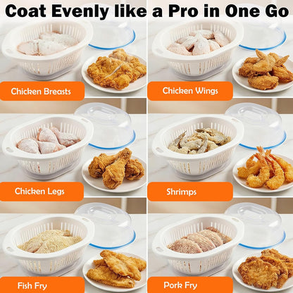 Large Batter Bowl with Lid and Tong, Mess-Free Shaker for Chicken Pork Fish Shrimp, 3-in-1 Colander Strainer and Food Storage Container for Kitchen
