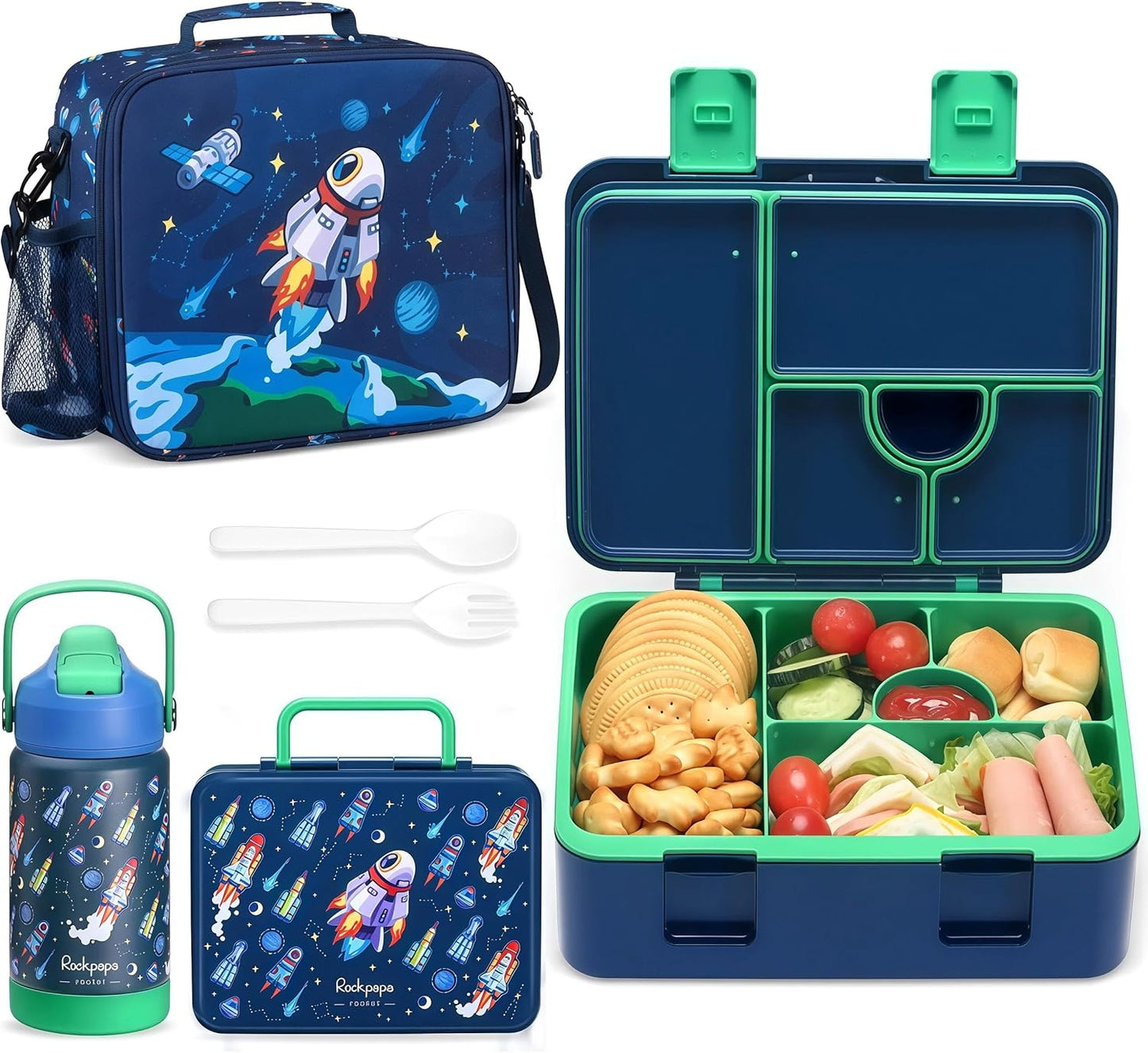 rockpapa Kids Lunch Box Set with 14oz Insulated Water Bottle & Lunch Bag, Leakproof 5.5 Cups Bento Box for School & Children, BPA-Free, Microwave Safe for Boys Girls (Grey Constr Turcks)
