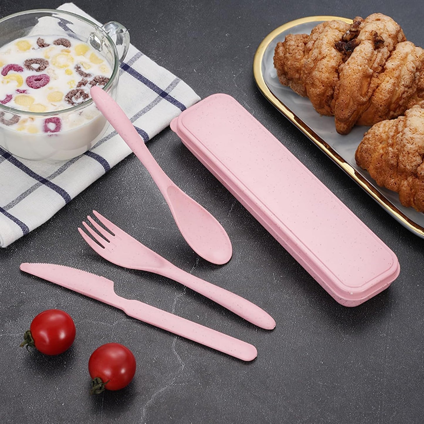 Reusable Travel Utensils Set with Case, 2 Sets Wheat Straw Portable Knife Fork Spoons Camping Cutlery for Lunch Box, Eco-Friendly BPA Free Plastic Tableware for Kids Adults Work Picnic (Purple+Pink)