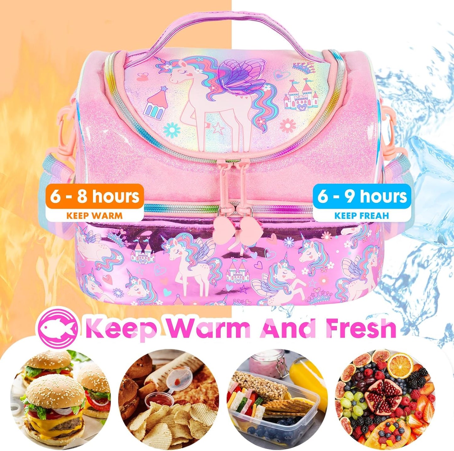 Kids Double Decker Cooler Insulated Lunch Bag, Back to School Large Meal Tote for Boys, Girls, Men, Women, with Adjustable Strap, Soccer