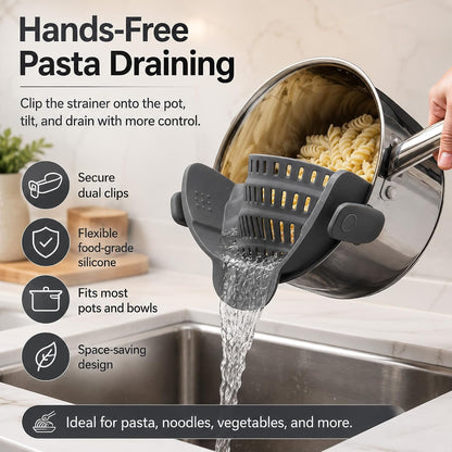Clip-On Silicone Pot Strainer, Hands-Free Pasta Colander, Grey