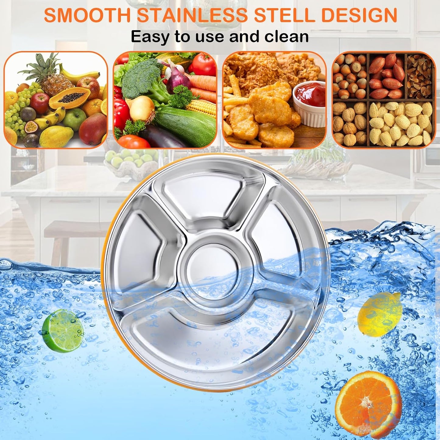 Divided Serving Tray with Lid, Veggie Tray with Lid Stainless Steel 6 Compartments Vegetable and 4 Forks Set for Party Platter, Vegetable Relish Fruit Tray, Snackle Box
