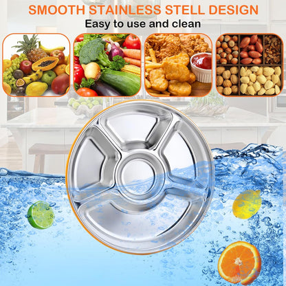 Divided Serving Tray with Lid, Veggie Tray with Lid Stainless Steel 6 Compartments Vegetable and 4 Forks Set for Party Platter, Vegetable Relish Fruit Tray, Snackle Box