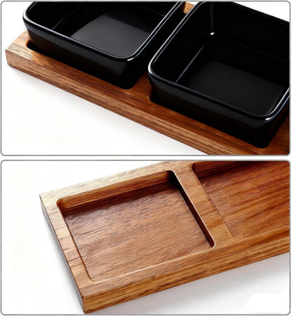 3 Pack Chip & Dip Serving Set with Wooden Tray, Oven Safe Bowls for Parties, Hosting Gifts, Cranberry/Soy Sauce Dish & Entertaining Essentials