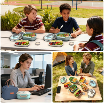 PEDECO All-in-one Bento Lunch Box Set for Adults & Kids with Insulated Bag, Leakproof 3-Compartment and 2-Tier Stackable Container with Portable Sauce Pod, Microwave/Dishwasher Safe, BPA-Free (White)