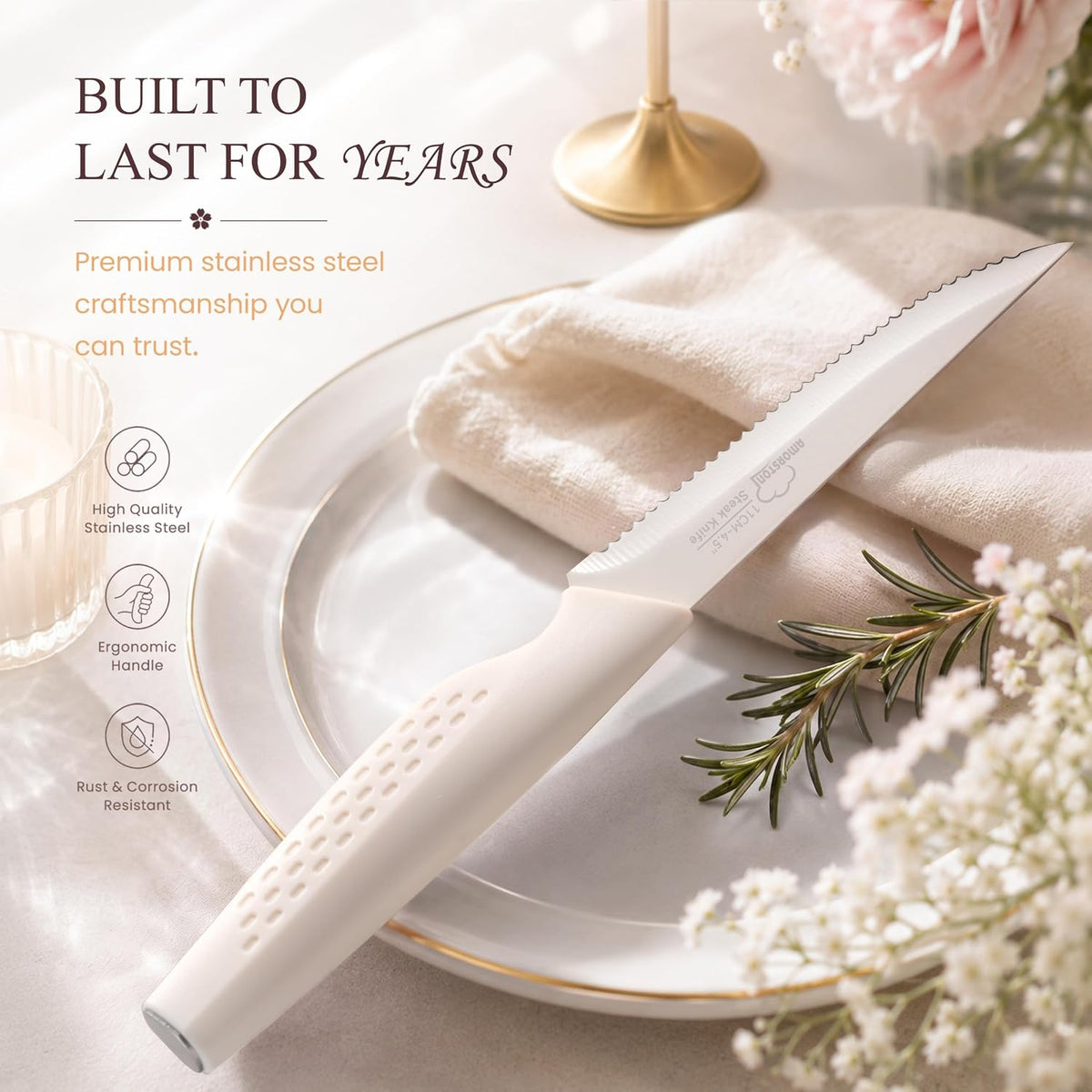 Amorston Steak Knives, Steak Knives Set of 8, Stainless Steel Steak Knife Set, Serrated Knives Dishwasher Safe, Elegant Black Mothers Day Gifts for Women