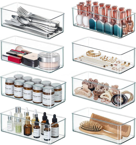 Qilinba 8 PACK Drawer Organizers Deep Drawer Organizer Bins Silverware Organizer Clear Stackable Storage Bins for Bathroom, Pantry, Office, Vanity, Desk Organization and Storage