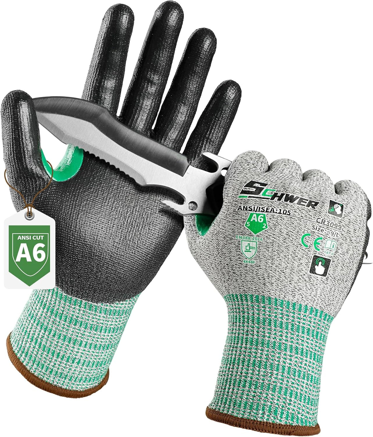 Schwer 12 Pairs A4/A5/A6 Cut Resistant Gloves, Non PFAS CR3088, L