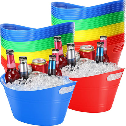 Norme 24 Pcs Oval Storage Tub with Handles, 4.5l Plastic Ice Buckets Bulk for Wine Beer Champagne Drink Cooler Beverage Storage Tub for Parties BBQ Weddings Party Outdoor Celebration(Blue & Red)