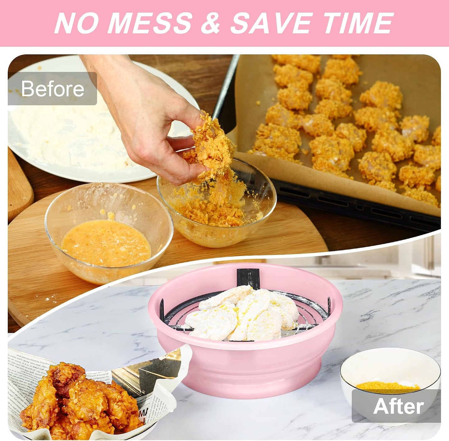 FJNATINH Collapsible Batter Bowl - Mess Free Better Breader Shaker Bowl with Lid Breading Shaker Container for Fried Fish, Fried Chicken, Onion Rings & More,No Leak,Easy to Store,Light Blue