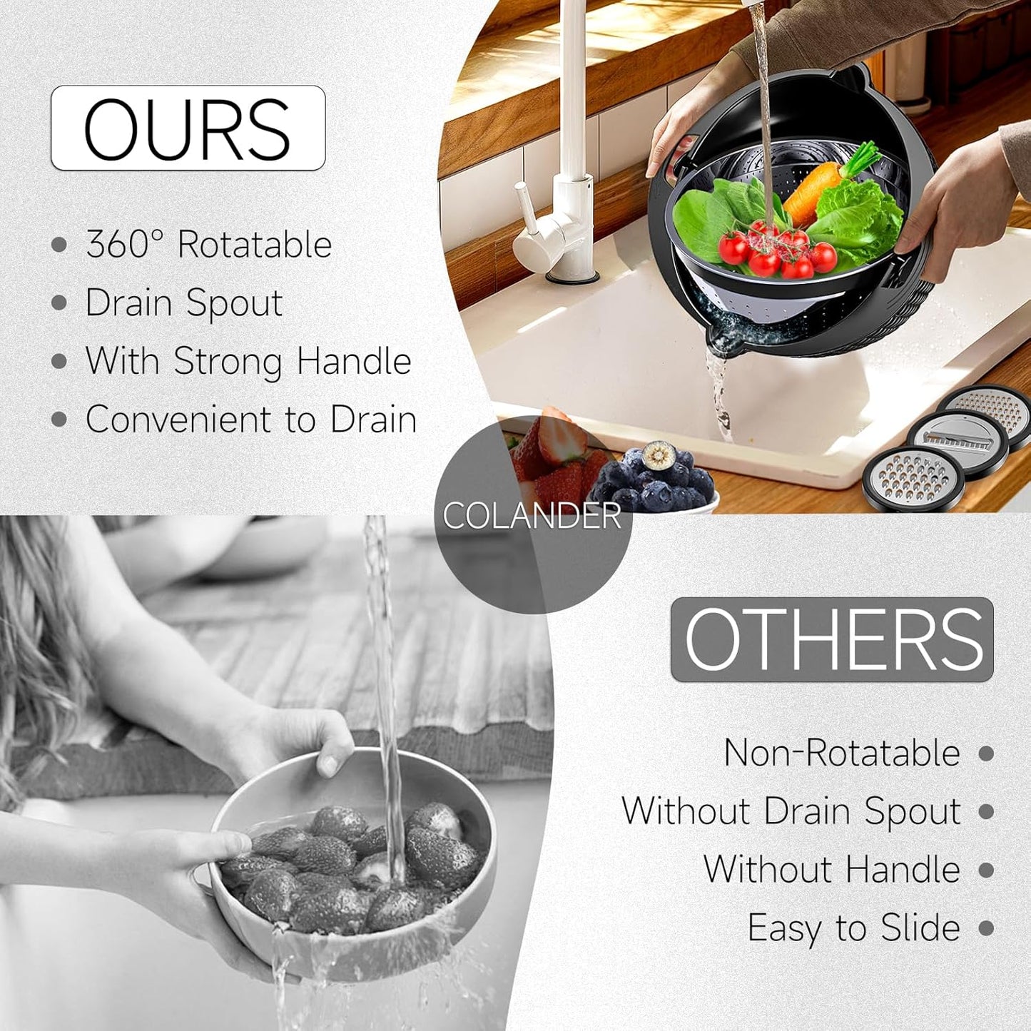 4-1 Colander with Bowl & Spoons Set - Rotatable Colander for kitchen with New Upgraded Graters, Food Strainer(Patented) for Pasta, Fruits, Vegetables, Funny Presents for Women, Beige
