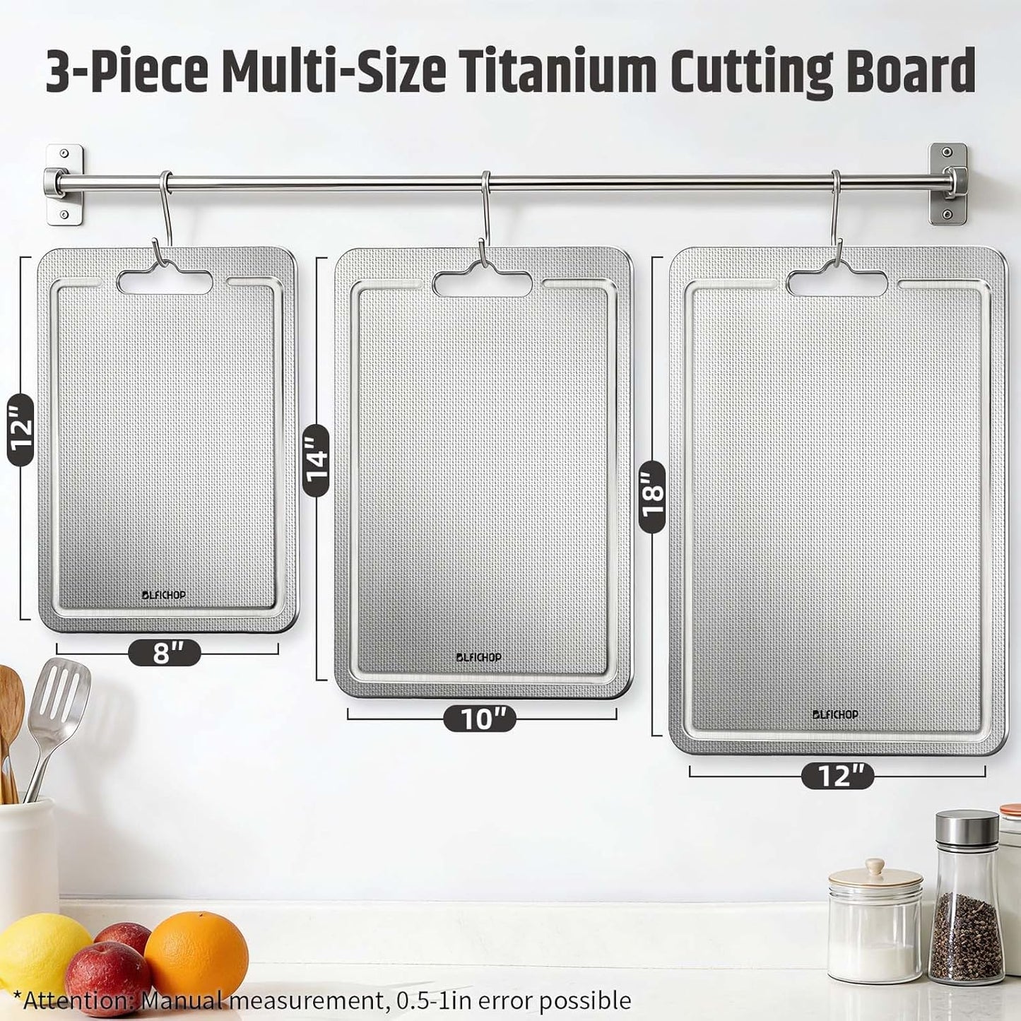 3-Piece Titanium Cutting Board for Kitchen, Double-Sided Scratch-Resistant Chopping Boards with Juice Grooves, Metal Cutting Boards with Non-Slip Mat, Dishwasher Safe for Fruit, Meat, Vegetables, Gray