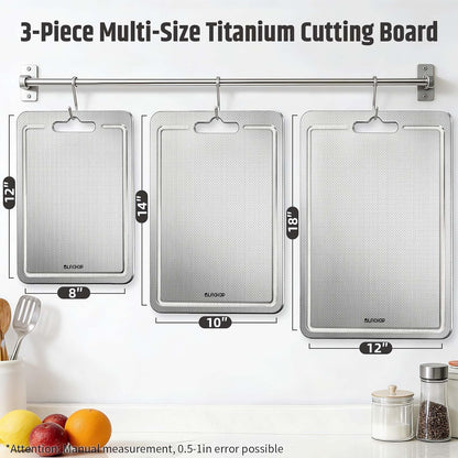 3-Piece Titanium Cutting Board for Kitchen, Double-Sided Scratch-Resistant Chopping Boards with Juice Grooves, Metal Cutting Boards with Non-Slip Mat, Dishwasher Safe for Fruit, Meat, Vegetables, Gray