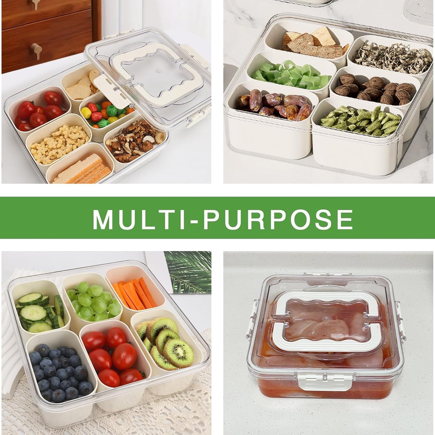 shopwithgreen 2Pcs Divided Serving Tray with Lid and Handle, Portable Snackle Box Snack Containers for Charcuterie, Party, Veggies, Snack, Fruit, Nuts, Candy, Chip, Entertaining, Picnic