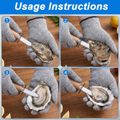 Oyster Shucking Knife Set of 6 with 6 Pairs Cut-Resistant Gloves, Professional Oyster Shucker Set for Clams, Mussels & Shellfish, Stainless Steel Oyster Knife Shucker Set for Home Kitchen, BBQ