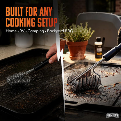 Brushtech Double Helix Grill Brush, 16″ Flat BBQ Grill Cleaner - Bristle‑Free Coil Springs Clean Tops & Sides - Stainless Steel, Long Reach Handle, Heavy‑Duty BBQ Tool for Gas & Charcoal Grates