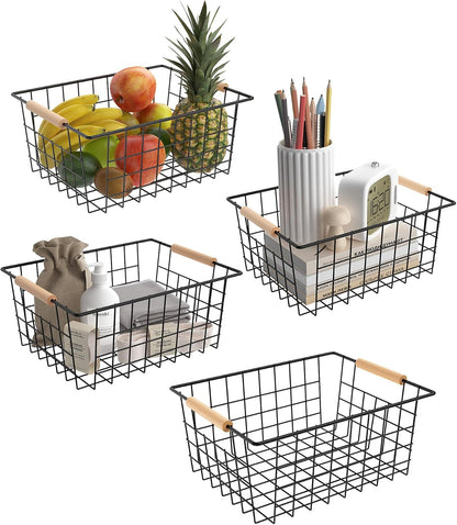 Wire Basket with Wooden Handle, Metal Utility Storage Basket for Organizing Kitchen Pantry Cabinets, Closet and Garage Shelves Drawers, Office Metal Basket Storage Organizer with Handle (Black 4 Pack)
