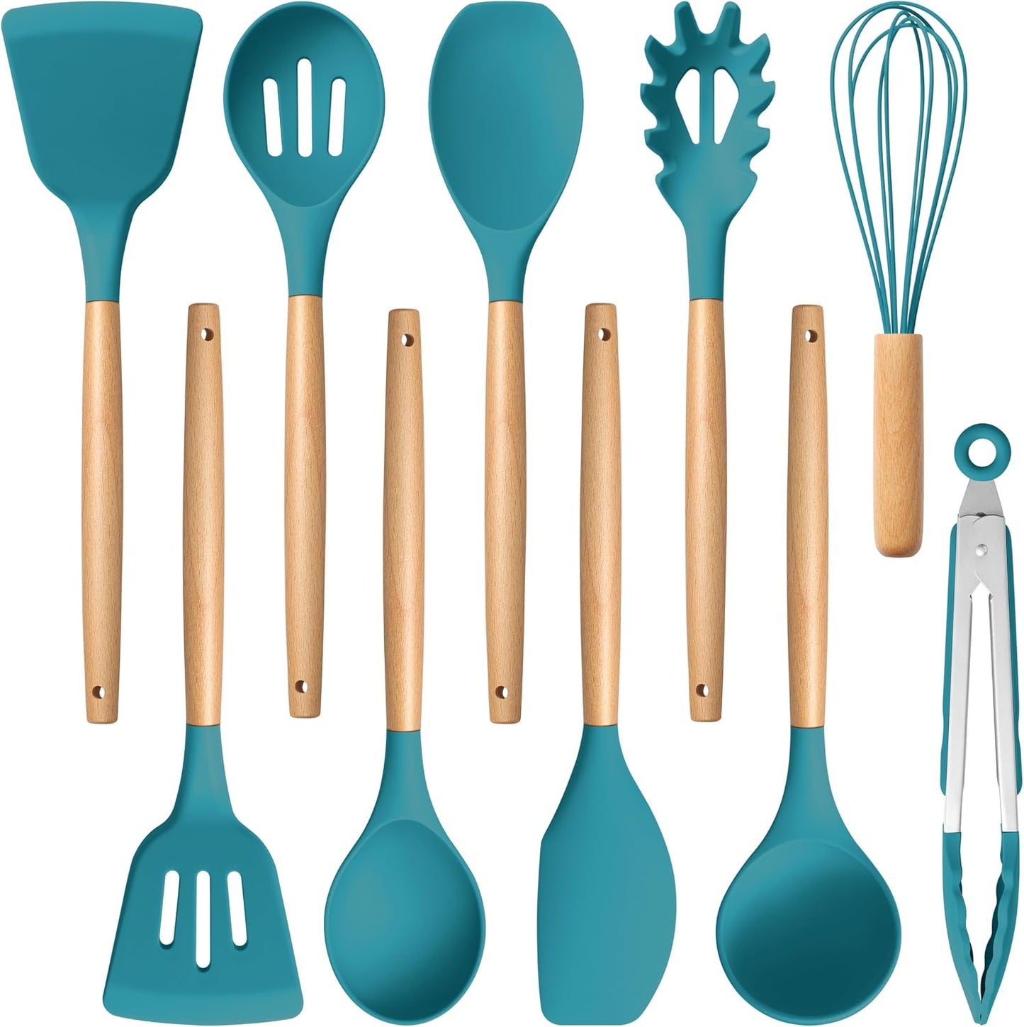 E-far Silicone Cooking Utensils Set, 5-Piece Kitchen Utensils Set with Wooden Handle for Cooking, Silicone Kitchen Nonstick Tools Spatula Turner Slotted Spoons, Nontoxic & Heat Resistant-Khaki