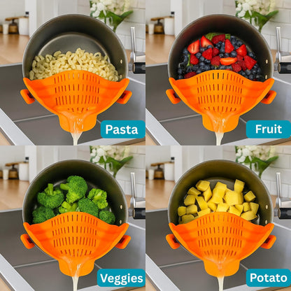 Clip On Strainer Silicone for Pots and Pans, Universal Fit Pasta Strainer and Pot Colander, Space Saving Food Drainer with Collapsible Funnel and Garlic Peeler, 3 Pcs Set, Gray