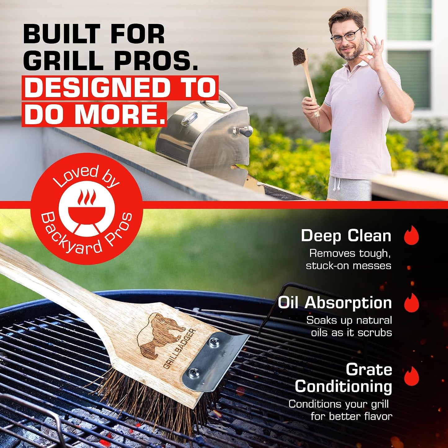 The Original Non Metal Grill Brush for Outdoor Grill | High Temp Heat Resistant BBQ Cleaning Brush | Long Lasting Wooden BBQ Cleaner with Scraper, Safe for Cast Iron Grates - Natural Wood