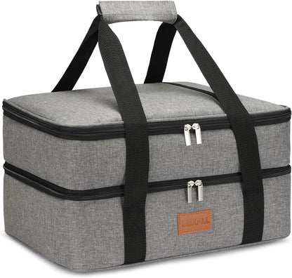 Lunch Bag Insulated Thermal Food Carrier Insulated Double Decker Casserole Carrier for Hot or Cold Food,Insulated Tote Bag for Potluck Cookouts Picnic,Lasagna Holder,Fits 9"x13" Baking Pan,Gray