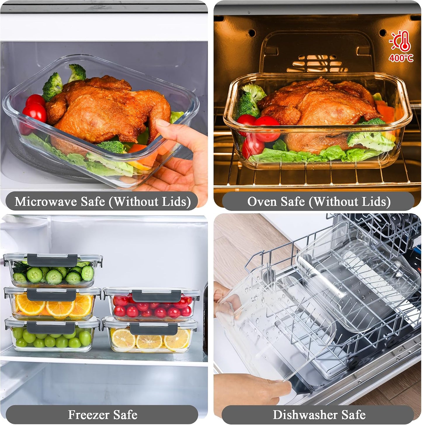 GEHE 5 Pack 36 Oz Glass Food Storage Containers with Lids, Glass Meal Prep Containers, Kitchen Airtight Lunch Storage Containers with Lids, Safe for Freezer, Oven, Dishwasher, BPA Free