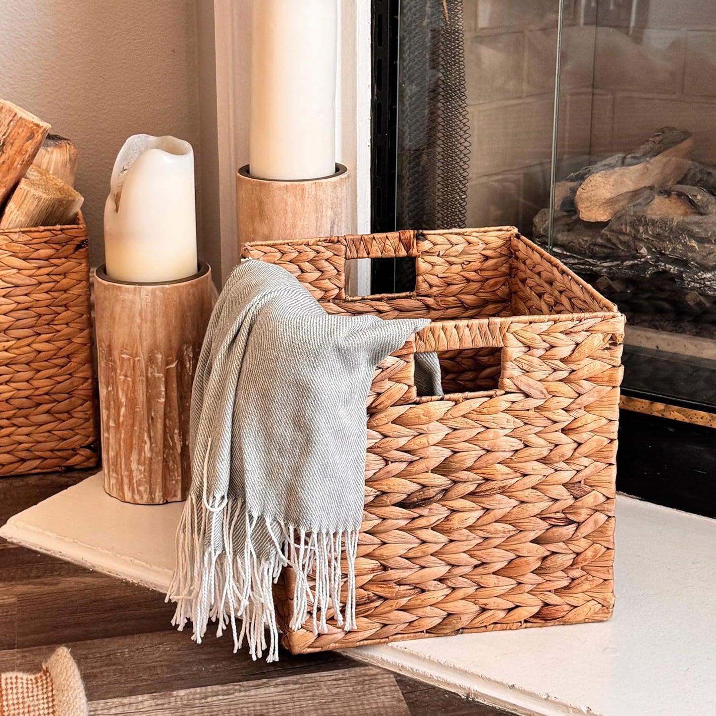 Westerly 4 Decorative Hand-Woven Small Water Hyacinth Wicker Storage Basket, 13x11x11 Perfect for Shelving Units
