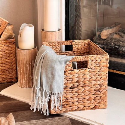 Westerly 4 Decorative Hand-Woven Small Water Hyacinth Wicker Storage Basket, 13x11x11 Perfect for Shelving Units