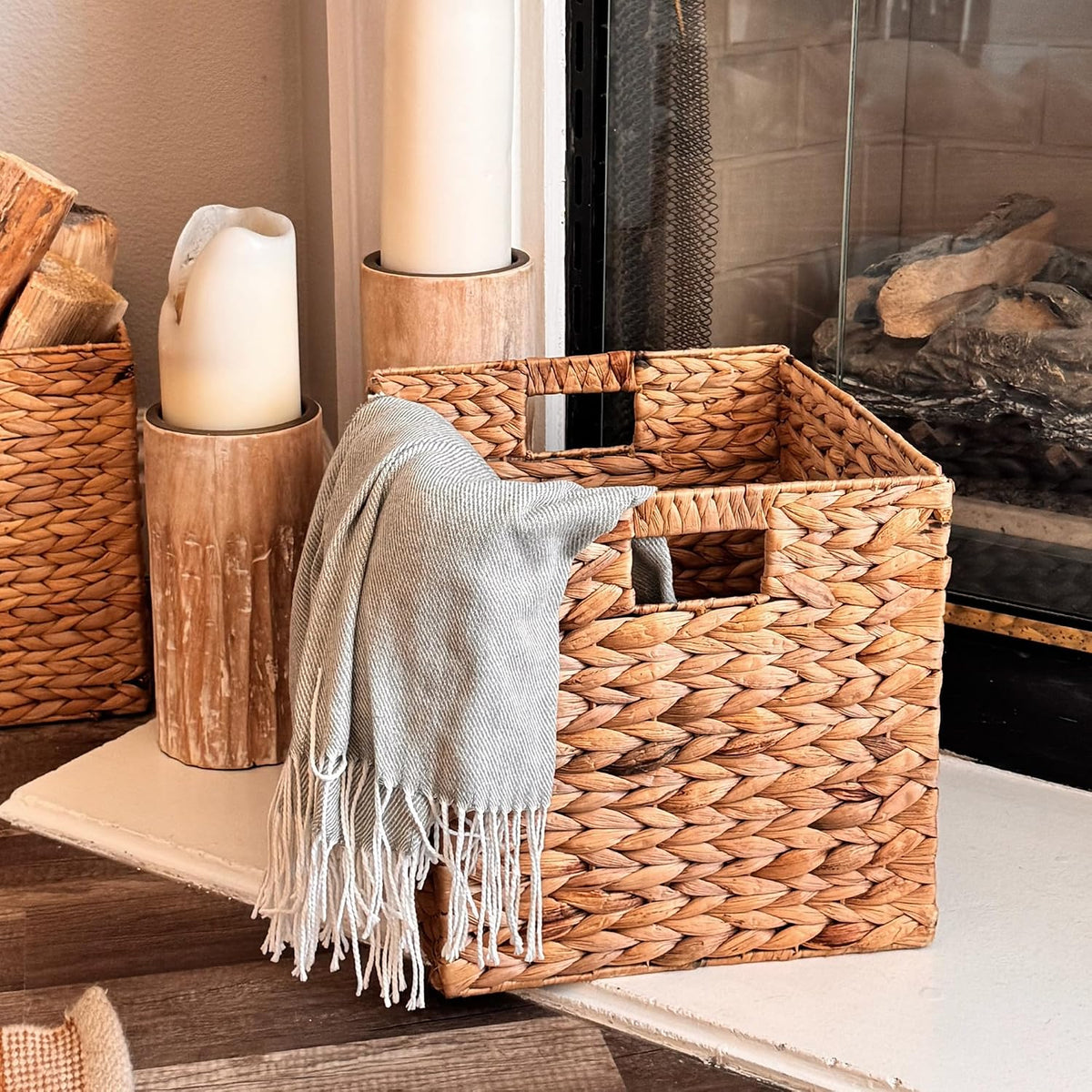 4 Hand-Woven Wicker Storage Baskets 13x11x11in, Water Hyacinth Shelf Bins | ECO-FRIENDLY & SUSTAINABLE