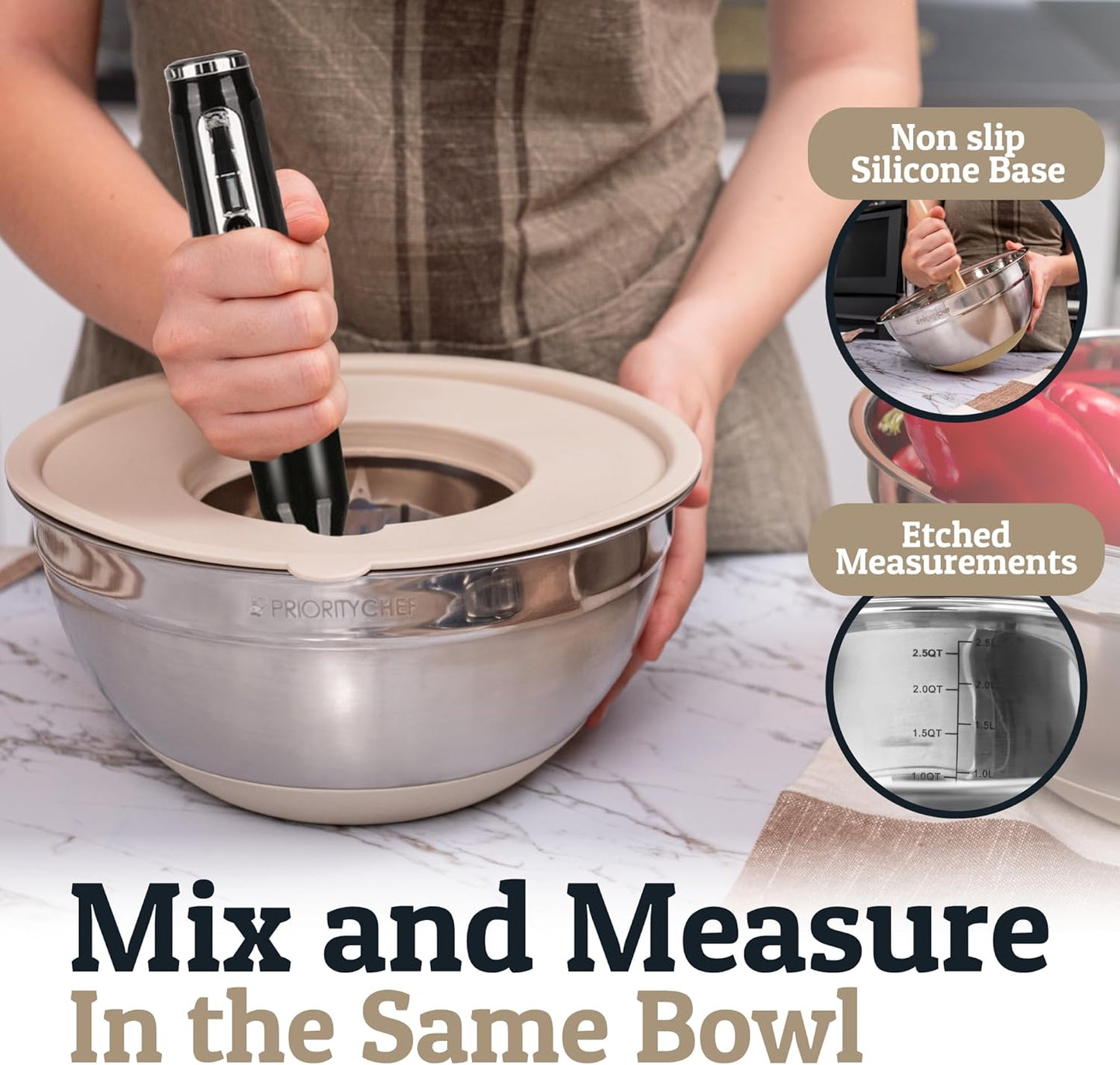 Priority Chef 6Pc Large Mixing Bowls With Lids Set with Non-Slip Bases, Stainless Steel Mixing Bowl Set, 6 Airtight Lids and 3 Graters, Grey