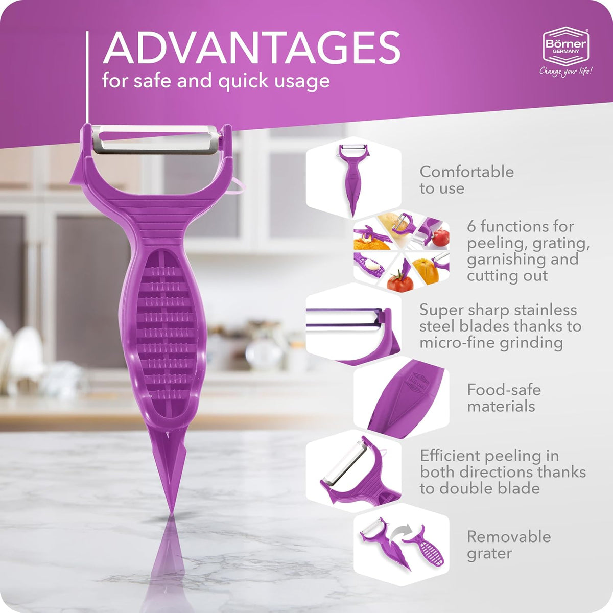 Börner Vegetable Peeler (6-in-1) • Garnishing Peeler with Grater • Multifunctional Peeler for Fruits & Vegetables • Fruit Peeler, Universal Peeler, Potato Peeler • Color: White