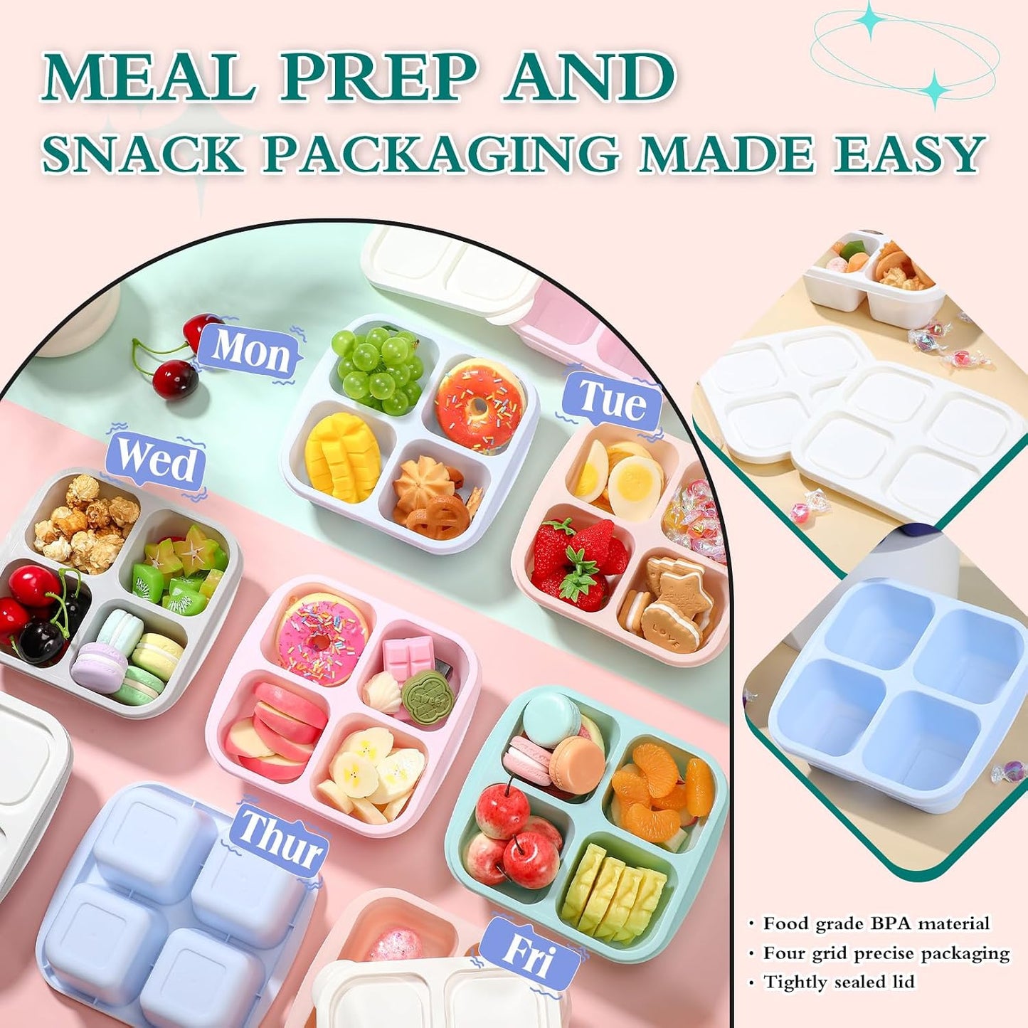 Honeydak 10 Pack Bento Snack Containers 4 Compartment Snack Boxes Reusable Containers with Lids Divided Meal Prep Lunch Food Storage Box for School Work Travel