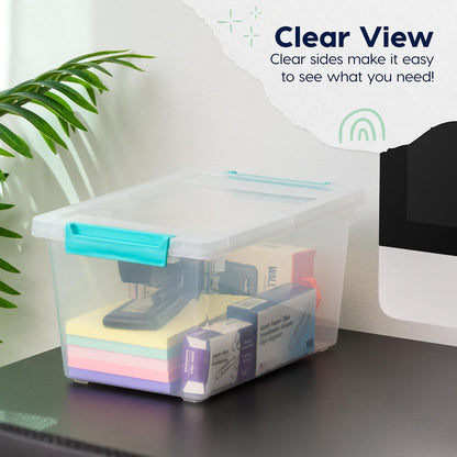 IRIS USA 12 Qt. Craft Storage Bins with Lids, 4-Pack, |Made in USA|, Clip Box, Medium Plastic Sensory Bin Tote Organizer Containers for Art Supplies, Paper, & Office, Stackable - Clear/Seafoam Blue