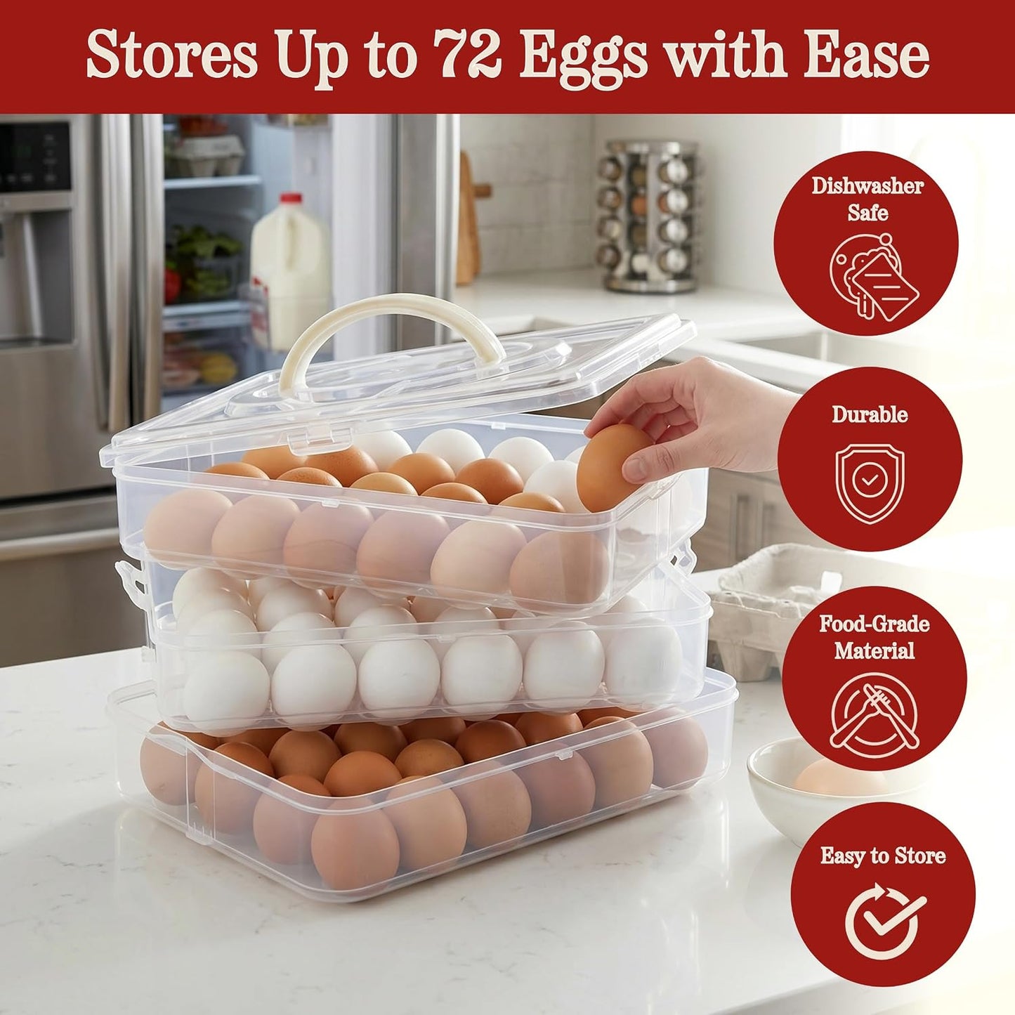 Egg Container for Refrigerator - Large-Capacity Egg Holder with Lid and Handle - Carrier for 72 Fresh, Store Bought or Deviled Eggs by Classic Cuisine