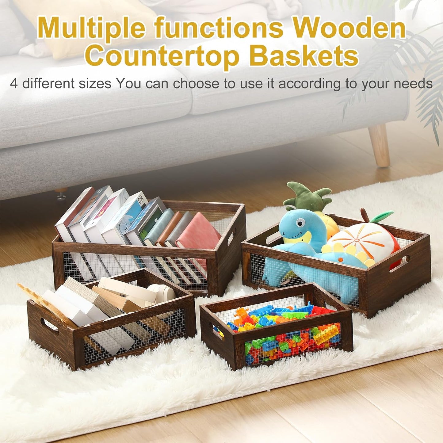 FillTouch 4 Pcs Wooden Nesting Countertop Baskets 4 Size Wooden Storage Box with Handle and Metal Wire Multipurpose Wood Organizer Crate for Fruit Vegetable Kitchen Cabinet Bathroom(Dark Brown,Small)