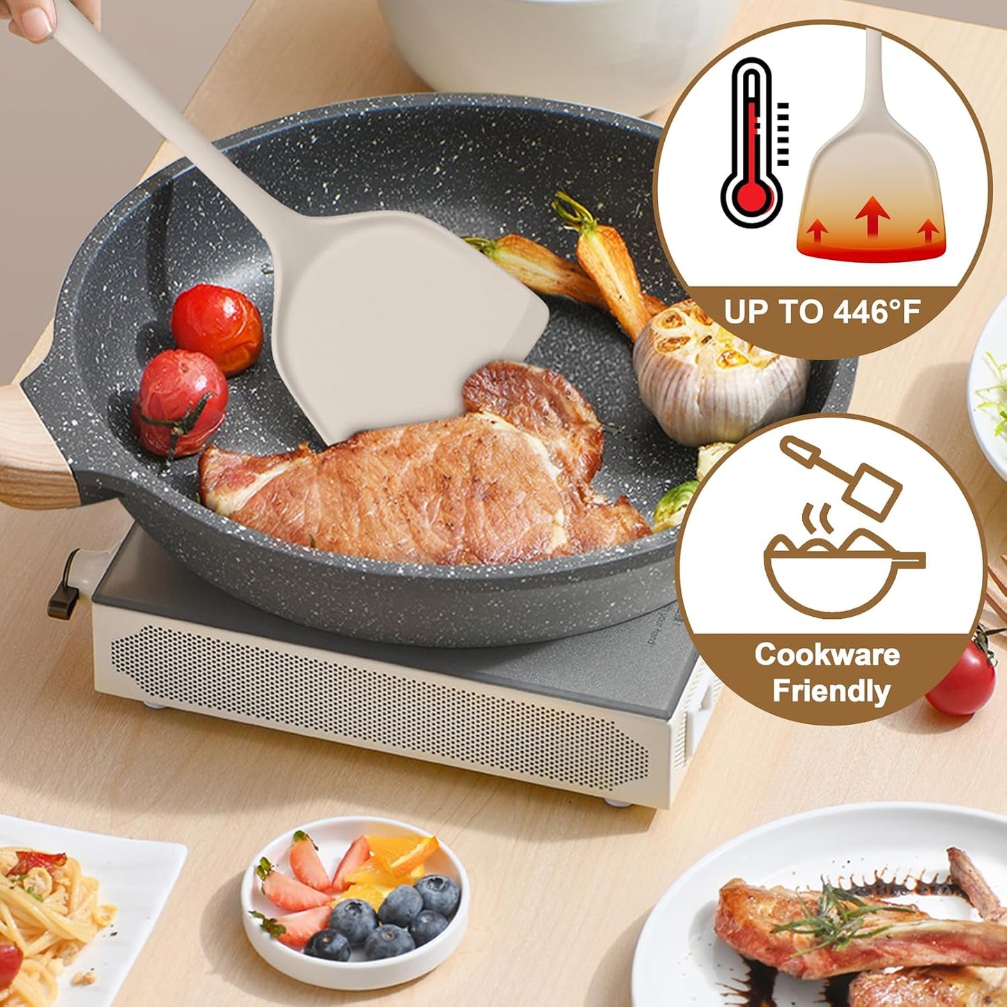 TeamFar Silicone Cooking Utensils Set, 5-Piece Heat Resistant Kitchen Utensils Set, Nonstick Slotted Solid Spoon Turner Pasta Server for Frying, Serving, Mixing, Non-Toxic & Dishwasher Safe, Black