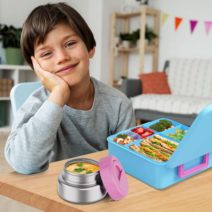 Bento Box for Kids with Thermo Food Container (9oz), 4-Compartment Lunch Box, Adjustable Divider, Leakproof Bento Lunch Box, Includes Utensils & Carry Bag for School, Office(Blue)