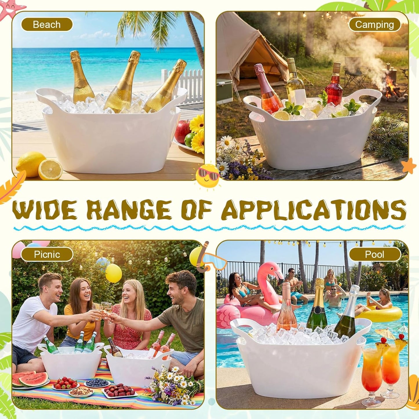 meekoo 6 Pack 6l Ice Bucket for Parties, Plastic Beverage Tub with Handles, Portable Ice Drink Bucket for Wine, Champagne, Beer, Cocktail, Large Drink Chiller for Wedding, Bar, Picnic, Pool(White)