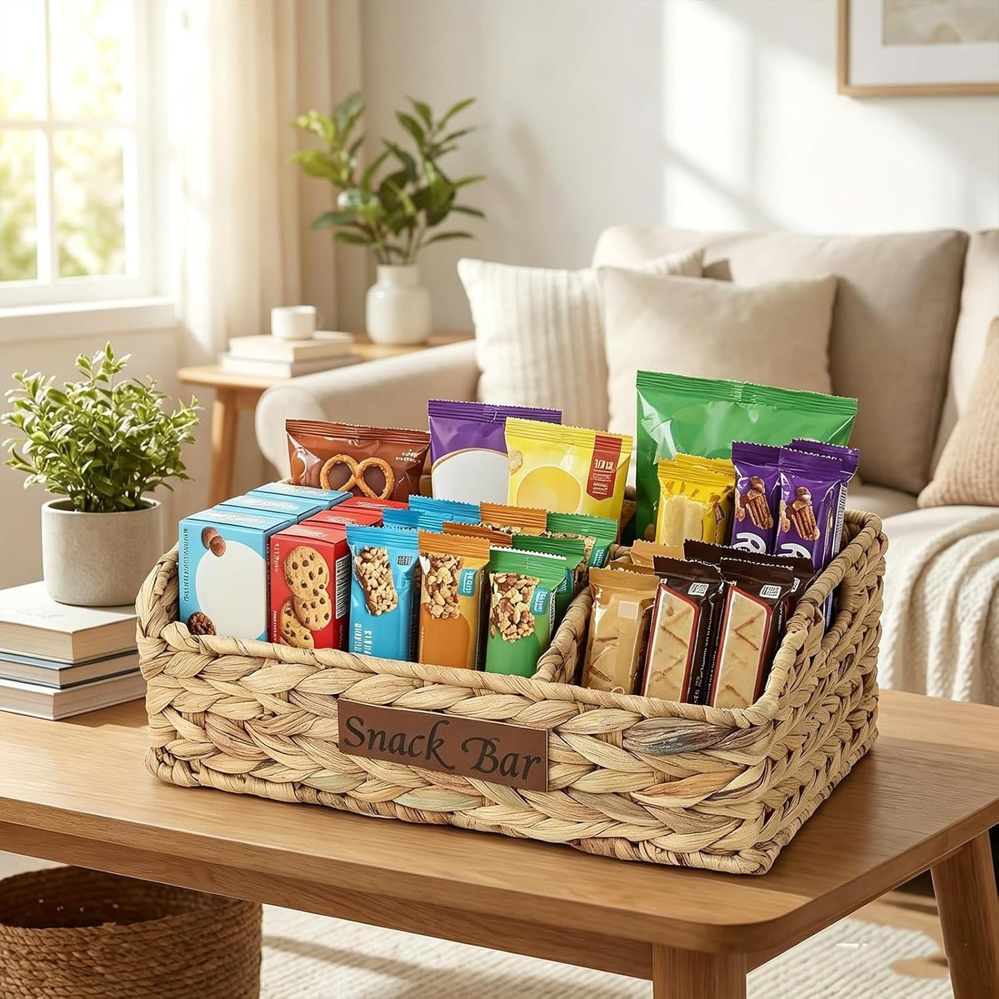 Snack Organizer for Countertop, Trapezoid Snack Basket Water Hyacinth Pantry Basket, Wicker Baskets for Organizing, 3 Compartments Snack Bin for Snack Bar Organizer, Cabinet Kitchen Storage